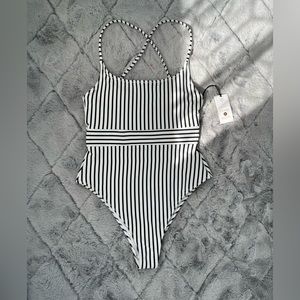 Striped One Piece Bathing Suit - Black and White Bathing suit